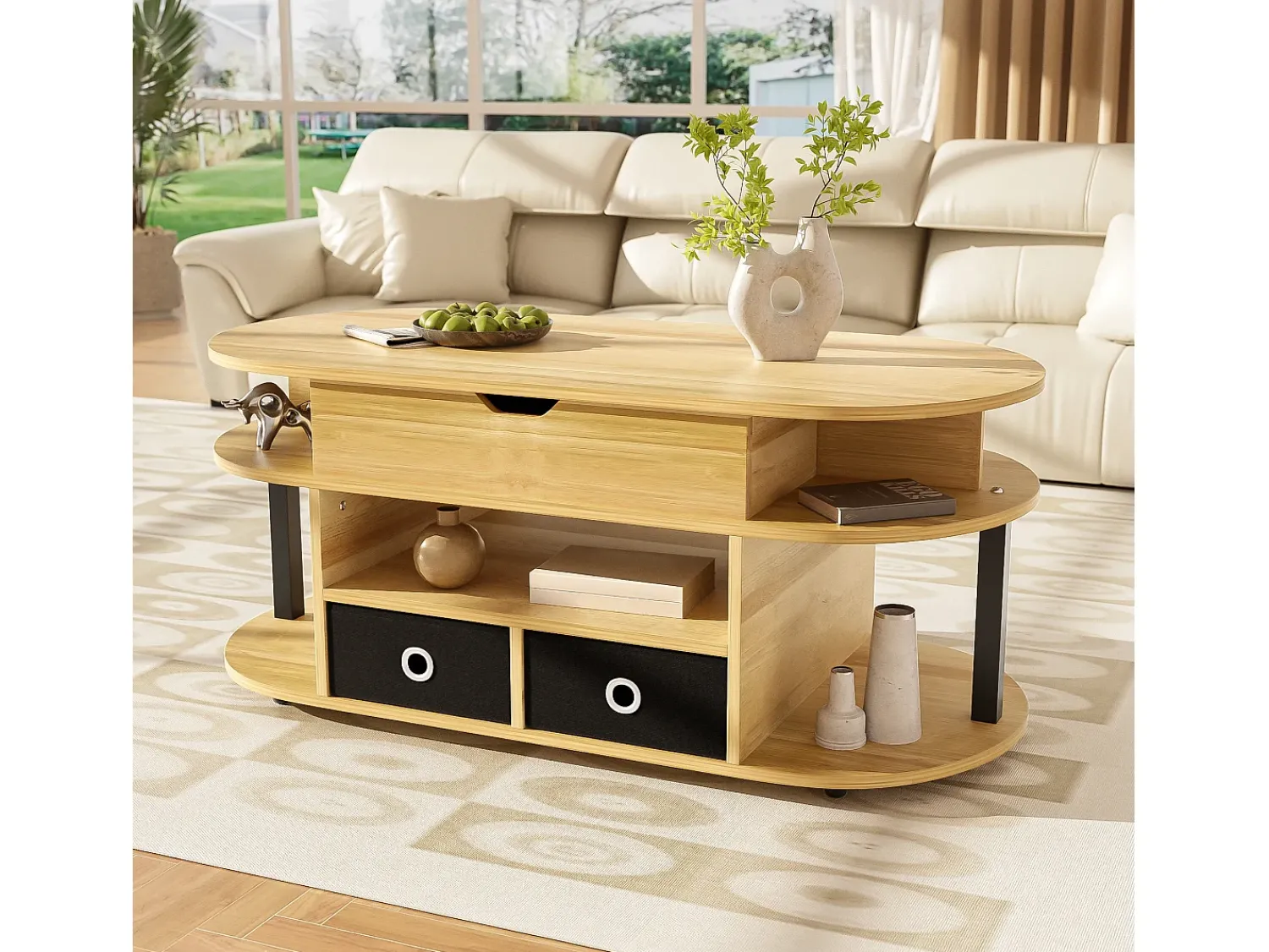 Mesa De Centro*ModernLuxe Mesa de centro moderna 105x50x60 cm - Função elevatória - 2 gavetas - Múltiplos compartimentos de armazenamento - Natural + preto Natural claro