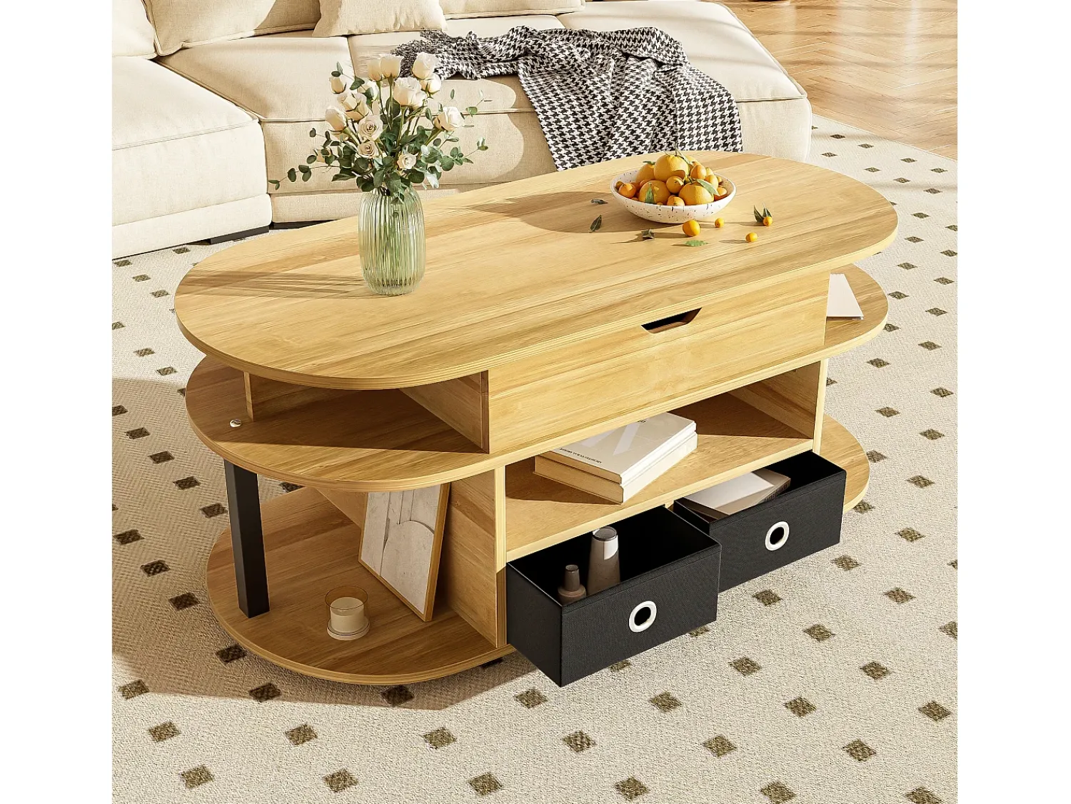 Mesa De Centro*ModernLuxe Mesa de centro moderna 105x50x60 cm - Função elevatória - 2 gavetas - Múltiplos compartimentos de armazenamento - Natural + preto Natural claro