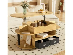 Mesa De Centro*ModernLuxe Mesa de centro moderna 105x50x60 cm - Função elevatória - 2 gavetas - Múltiplos compartimentos de armazenamento - Natural + preto Natural claro
