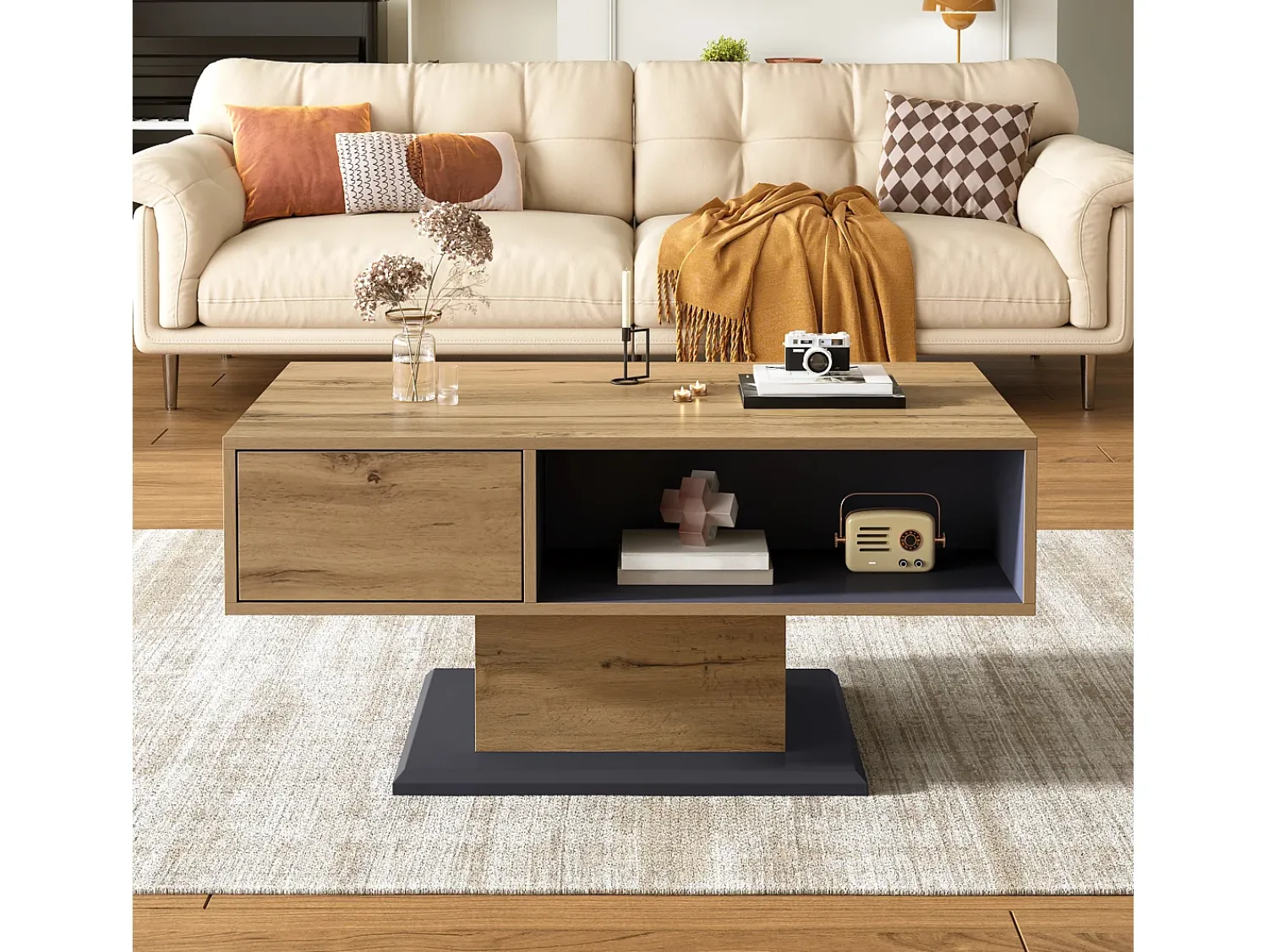 ModernLuxe Mesa de centro moderna 100x50x46,5 cm - Prateleiras abertas - Painéis de partículas - Natural^ Mesa De Centro