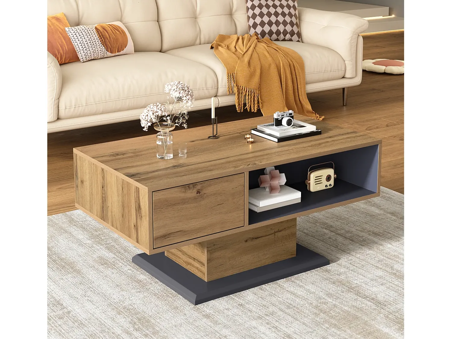 ModernLuxe Mesa de centro moderna 100x50x46,5 cm - Prateleiras abertas - Painéis de partículas - Natural^ Mesa De Centro