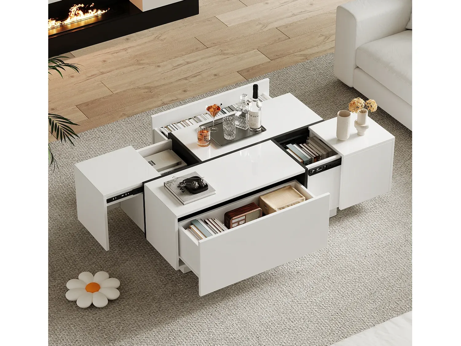 Mesa De Centro|ModernLuxe Mesa de centro moderna 100x60x40cm - acabamento brilhante - com 4 gavetas - branca Branco