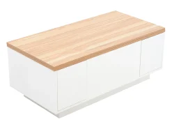 Clearance ModernLuxe Mesa de centro moderna 100x50x40 cm - com 2 portas - mecanismo duplo de elevação - compartimento oculto - Branco+Natural Natural claro / Branco