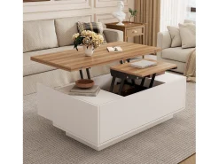 Clearance ModernLuxe Mesa de centro moderna 100x50x40 cm - com 2 portas - mecanismo duplo de elevação - compartimento oculto - Branco+Natural Natural claro / Branco