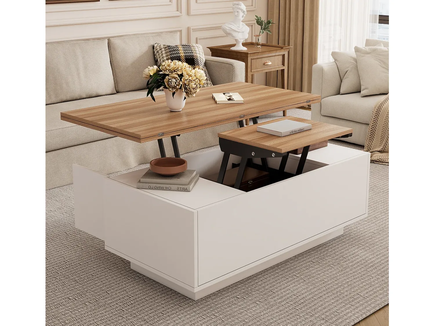 Clearance ModernLuxe Mesa de centro moderna 100x50x40 cm - com 2 portas - mecanismo duplo de elevação - compartimento oculto - Branco+Natural Natural claro / Branco