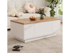 Clearance ModernLuxe Mesa de centro moderna 100x50x40 cm - com 2 portas - mecanismo duplo de elevação - compartimento oculto - Branco+Natural Natural claro / Branco