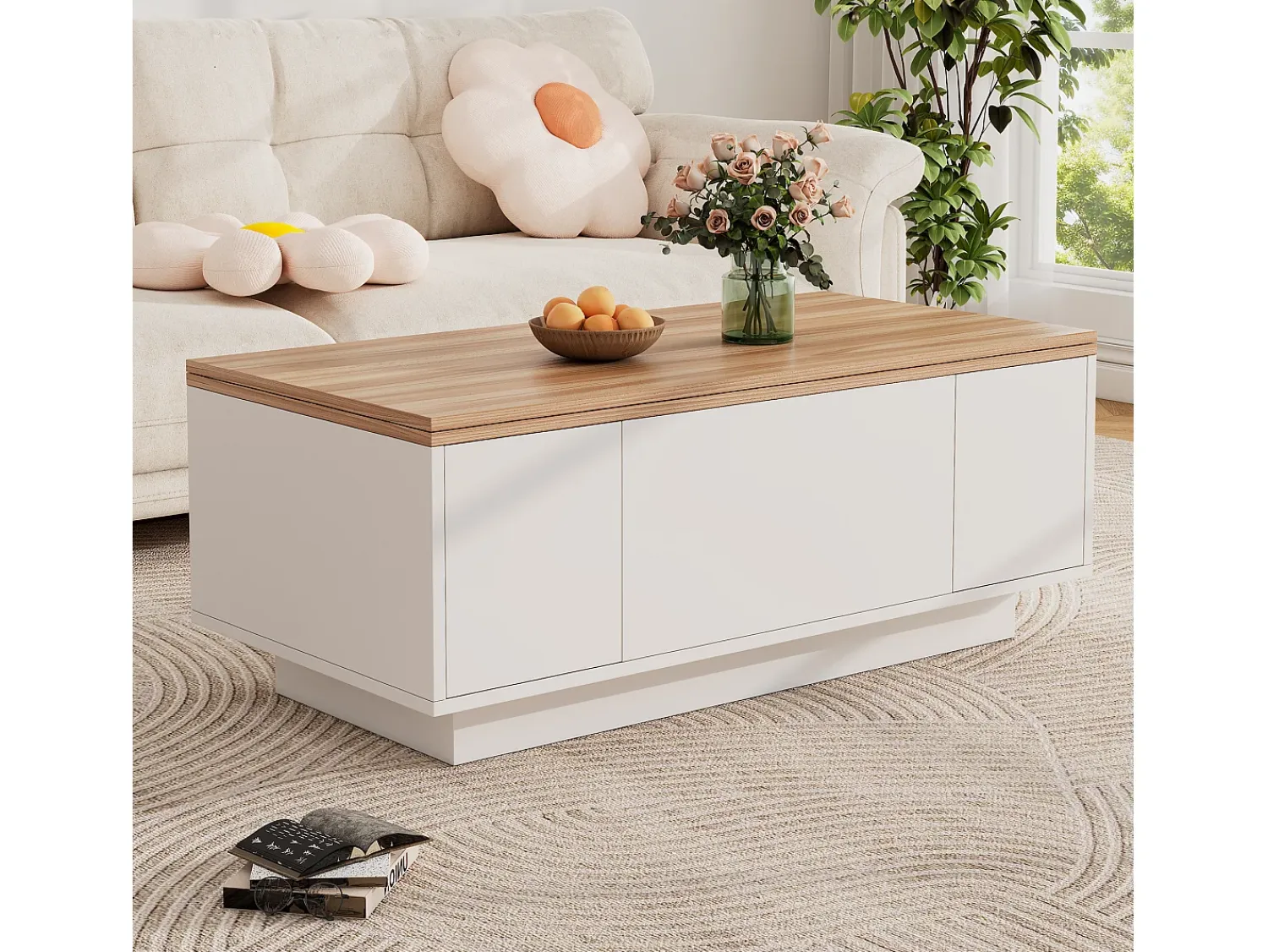 Clearance ModernLuxe Mesa de centro moderna 100x50x40 cm - com 2 portas - mecanismo duplo de elevação - compartimento oculto - Branco+Natural Natural claro / Branco
