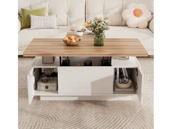 Clearance ModernLuxe Mesa de centro moderna 100x50x40 cm - com 2 portas - mecanismo duplo de elevação - compartimento oculto - Branco+Natural Natural claro / Branco