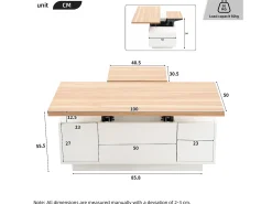 Clearance ModernLuxe Mesa de centro moderna 100x50x40 cm - com 2 portas - mecanismo duplo de elevação - compartimento oculto - Branco+Natural Natural claro / Branco