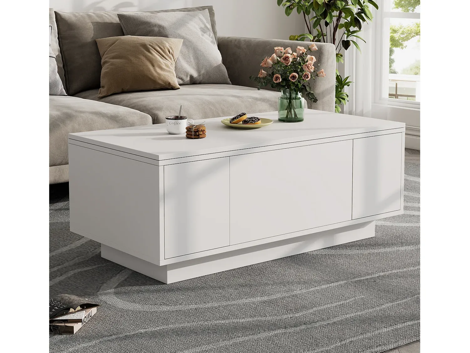 Sale ModernLuxe Mesa de centro moderna 100x50x40 cm - com 2 portas - mecanismo duplo de elevação - compartimento oculto - Branco