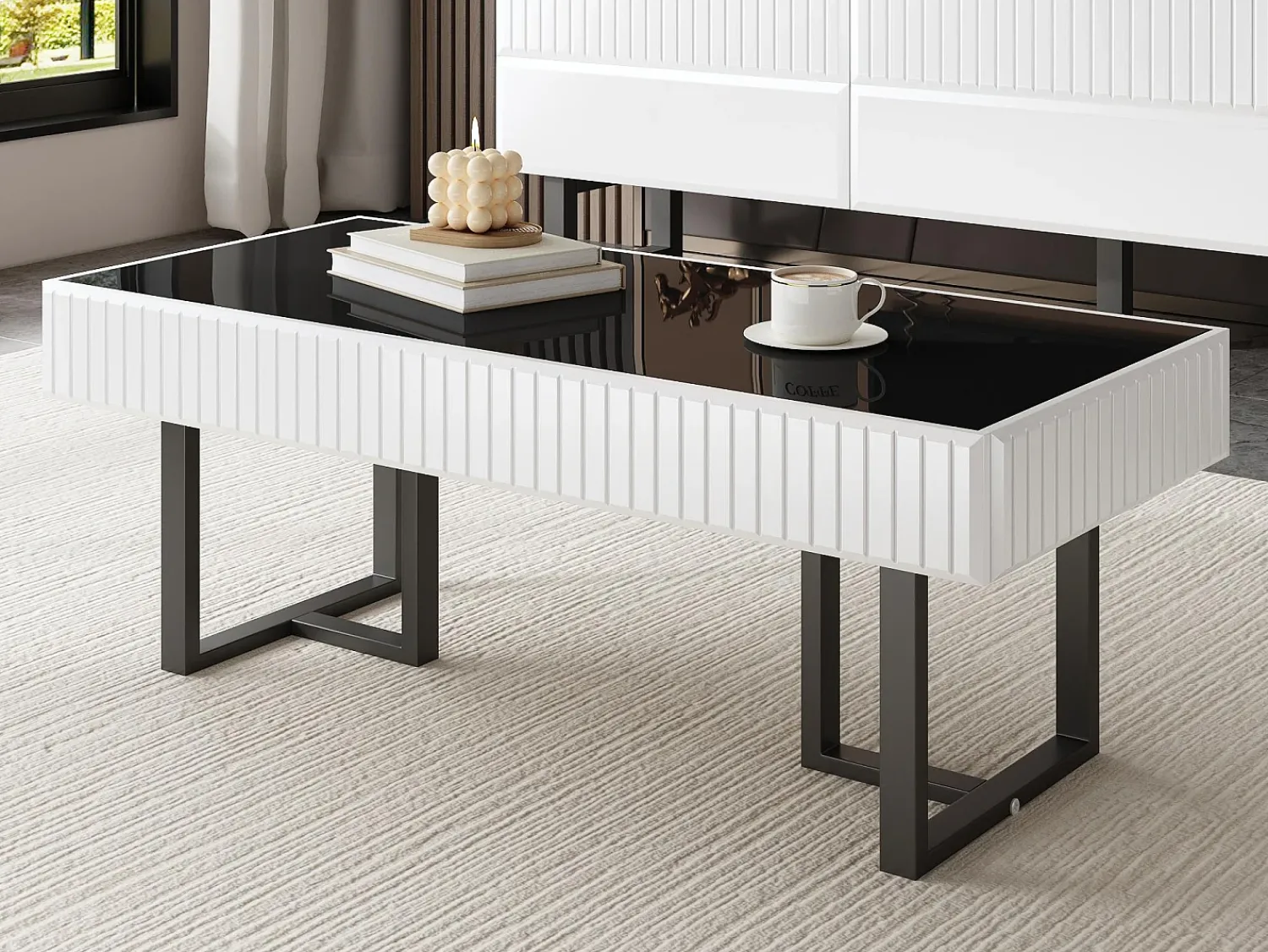 Mesa De Centro|ModernLuxe Mesa de centro moderna 110x50.5x41 cm - Tampo preto brilhante - Estrutura de ferro - MDF + painéis de partículas - Preto e branco Preto / Branco