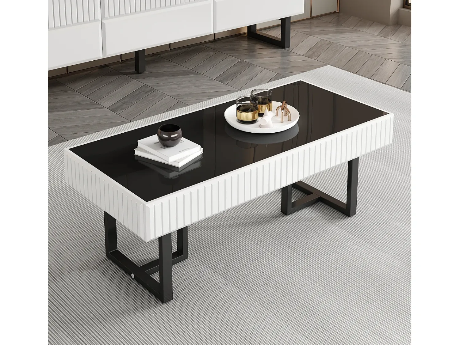 Mesa De Centro|ModernLuxe Mesa de centro moderna 110x50.5x41 cm - Tampo preto brilhante - Estrutura de ferro - MDF + painéis de partículas - Preto e branco Preto / Branco