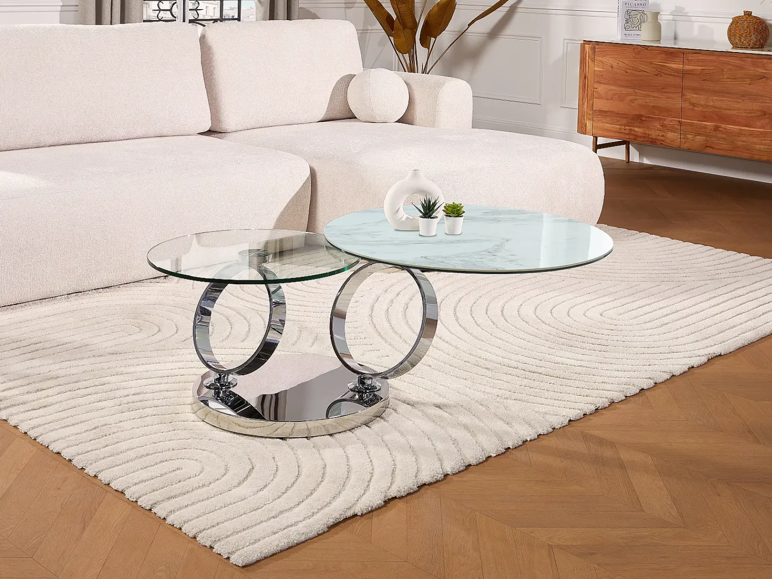 Mesa De Centro*Maison Céphy Mesa de centro modular em vidro temperado, cerâmica e metal - Efeito mármore branco - JOLINE Transparente / Branco