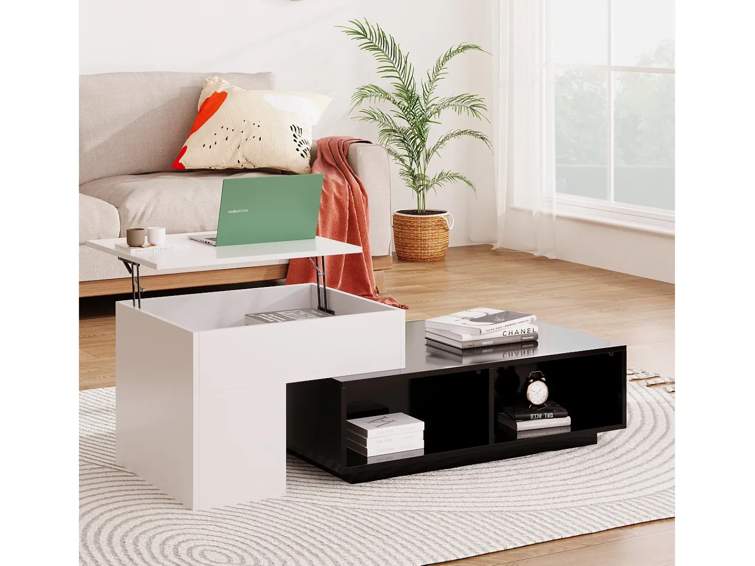 Discount Hauss Spole Mesa de centro modular 115x60x43cm com tampo elevatório, armazenamento integrado, branco e Preto