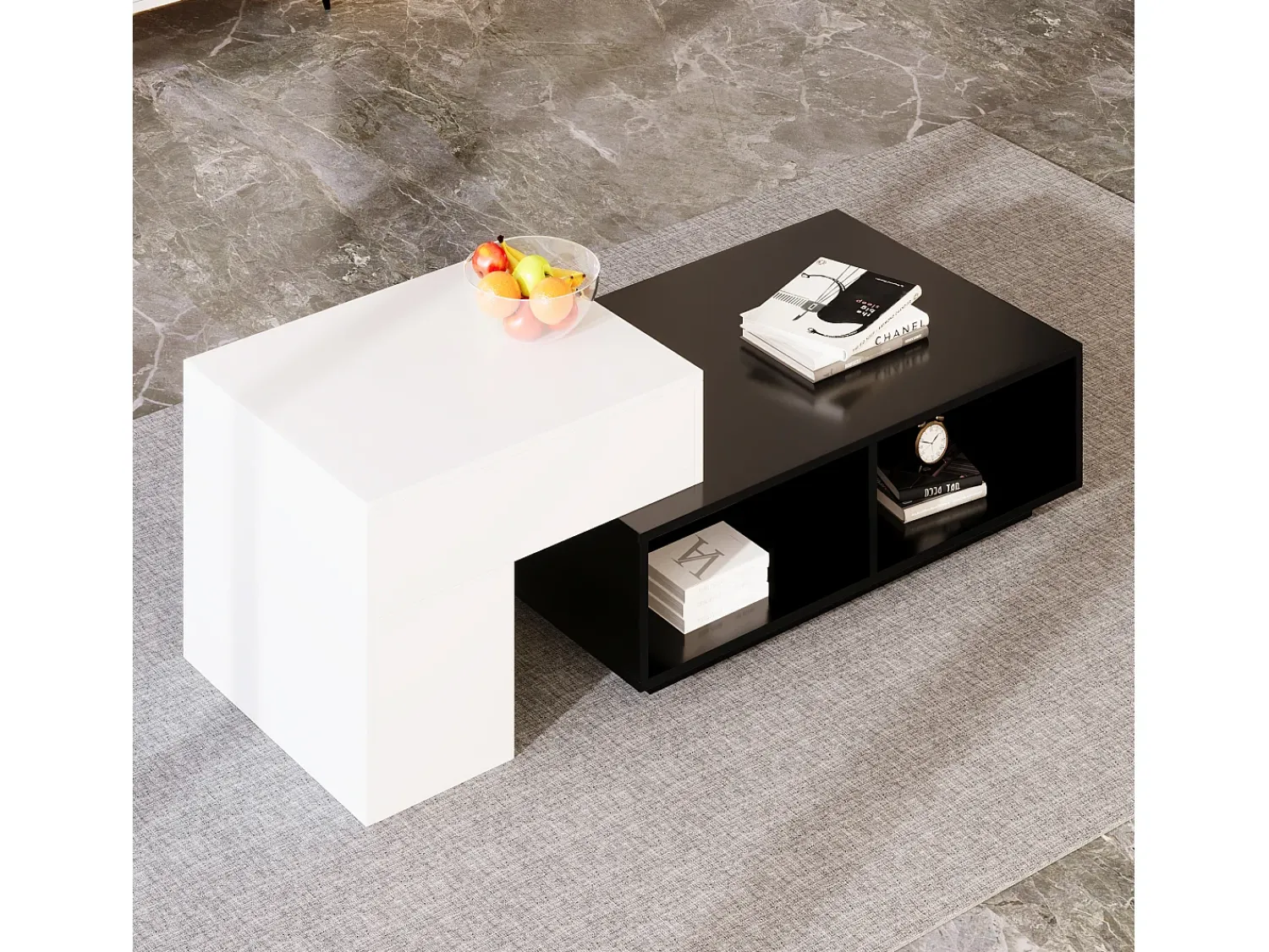 Discount Hauss Spole Mesa de centro modular 115x60x43cm com tampo elevatório, armazenamento integrado, branco e Preto