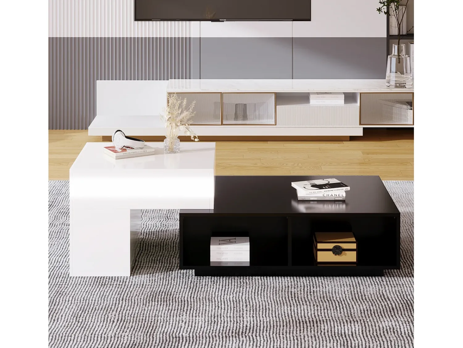 Discount Hauss Spole Mesa de centro modular 115x60x43cm com tampo elevatório, armazenamento integrado, branco e Preto