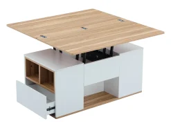 ModernLuxe Mesa de centro multifuncional elevável - a escrivaninha pode ser desdobrada em duas mesas - Branco + Natural claro^ Mesa De Centro