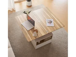 ModernLuxe Mesa de centro multifuncional elevável - a escrivaninha pode ser desdobrada em duas mesas - Branco + Natural claro^ Mesa De Centro