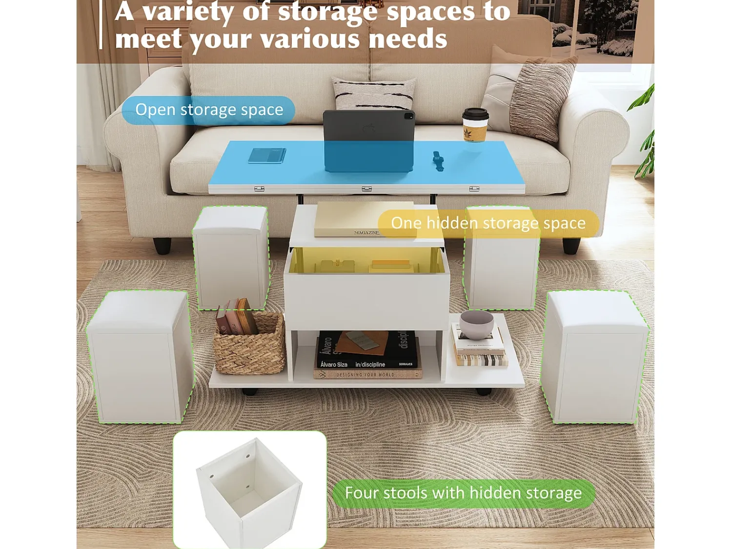 ModernLuxe Mesa de centro multifuncional - transformada em mesa e 4 bancos -^ Mesa De Centro
