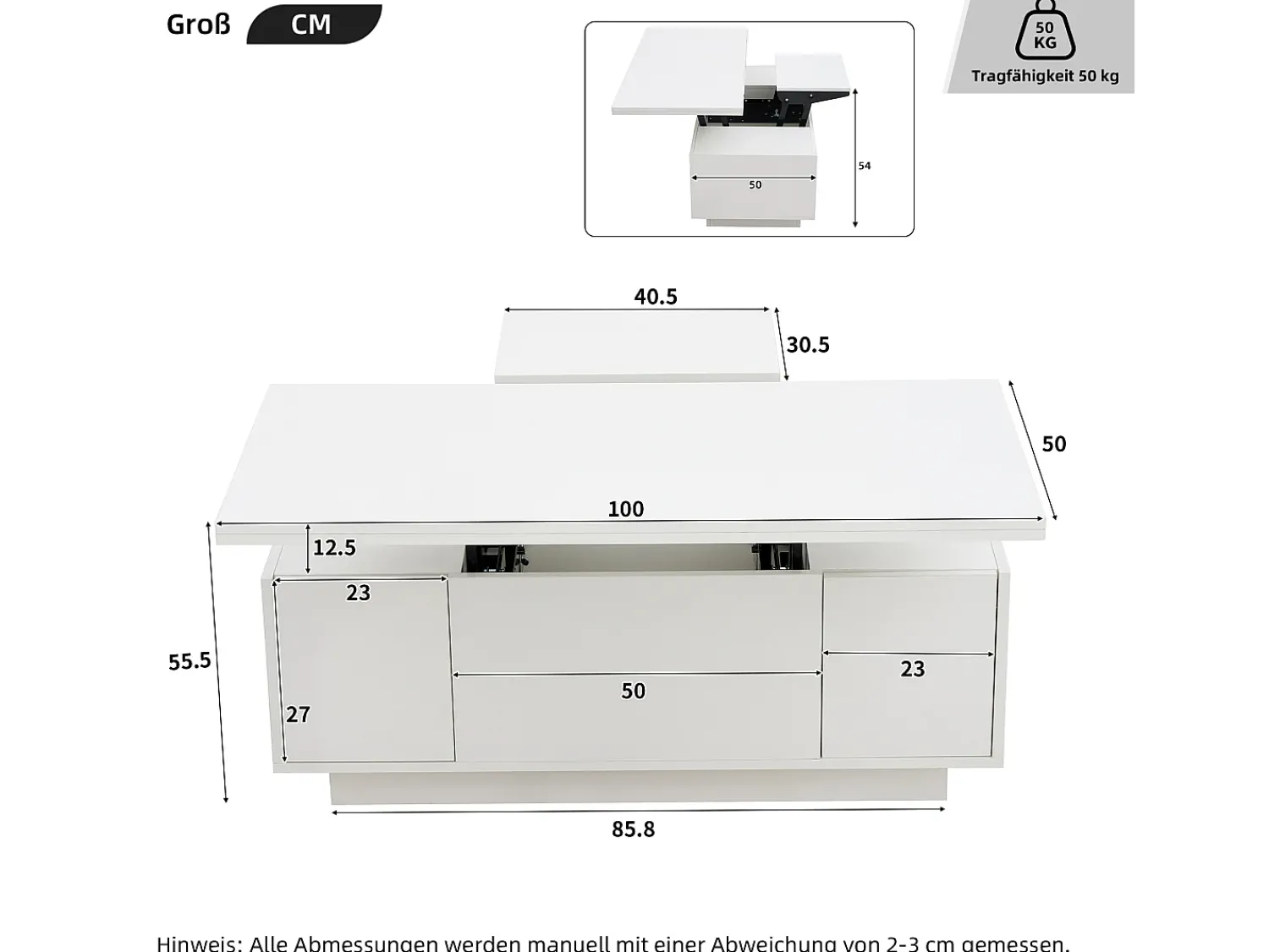 Mesa De Centro|Hauss Spole Mesa de centro multifuncional elevável com armazenamento oculto, puro, estrutura de MDF Branco