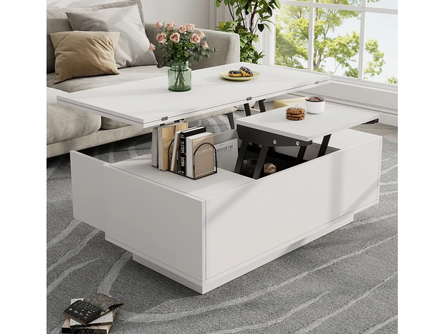 Mesa De Centro|Hauss Spole Mesa de centro multifuncional elevável com armazenamento oculto, puro, estrutura de MDF Branco