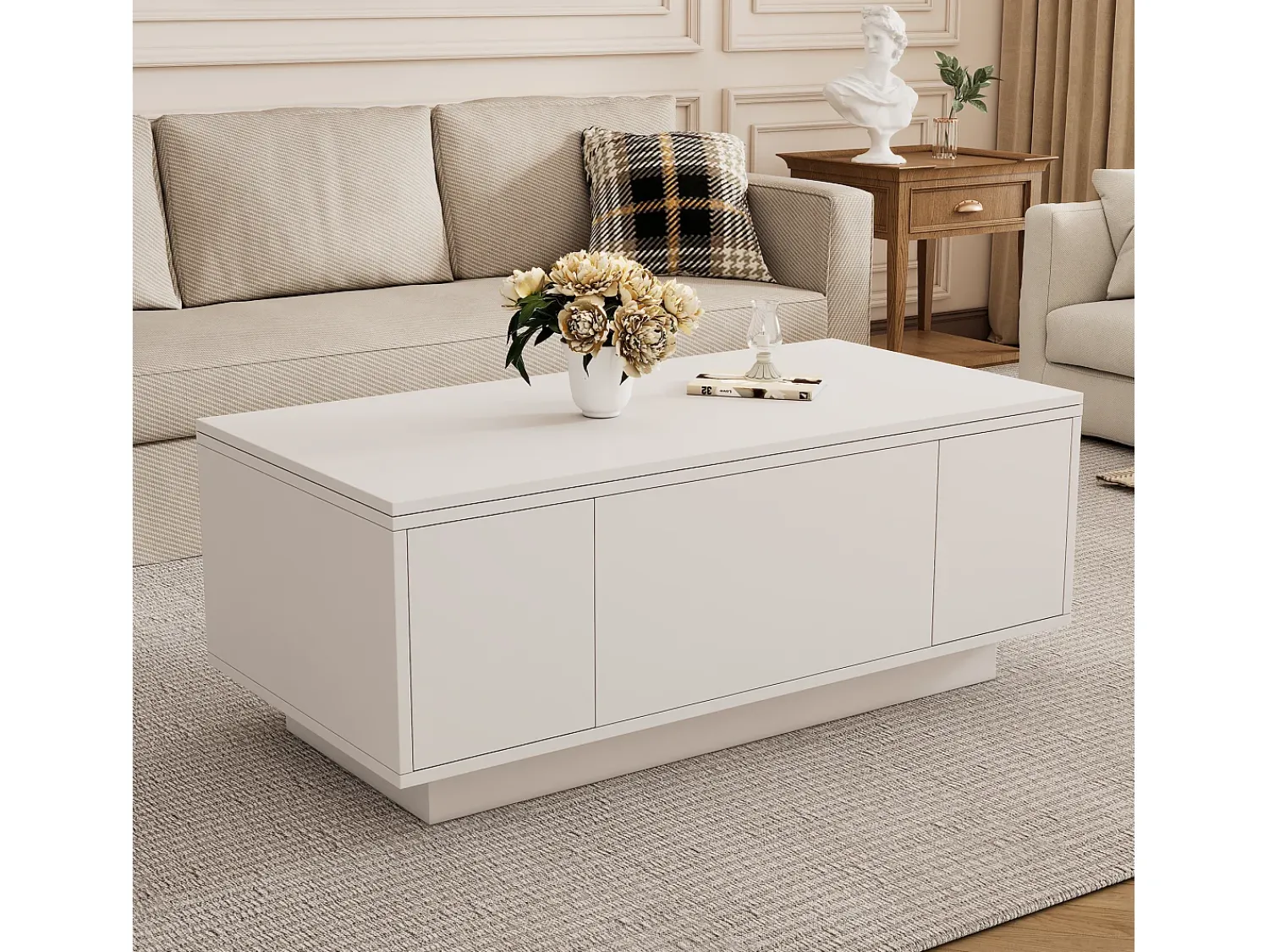 Mesa De Centro|Hauss Spole Mesa de centro multifuncional elevável com armazenamento oculto, puro, estrutura de MDF Branco