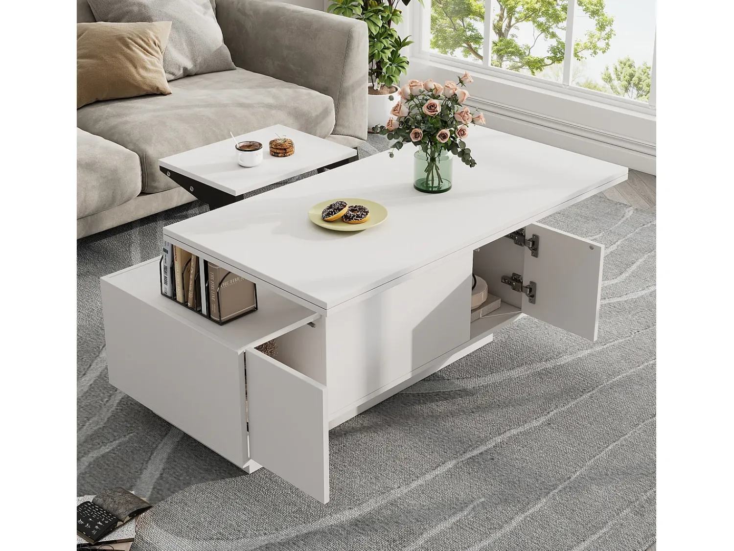 Mesa De Centro|Hauss Spole Mesa de centro multifuncional elevável com armazenamento oculto, puro, estrutura de MDF Branco