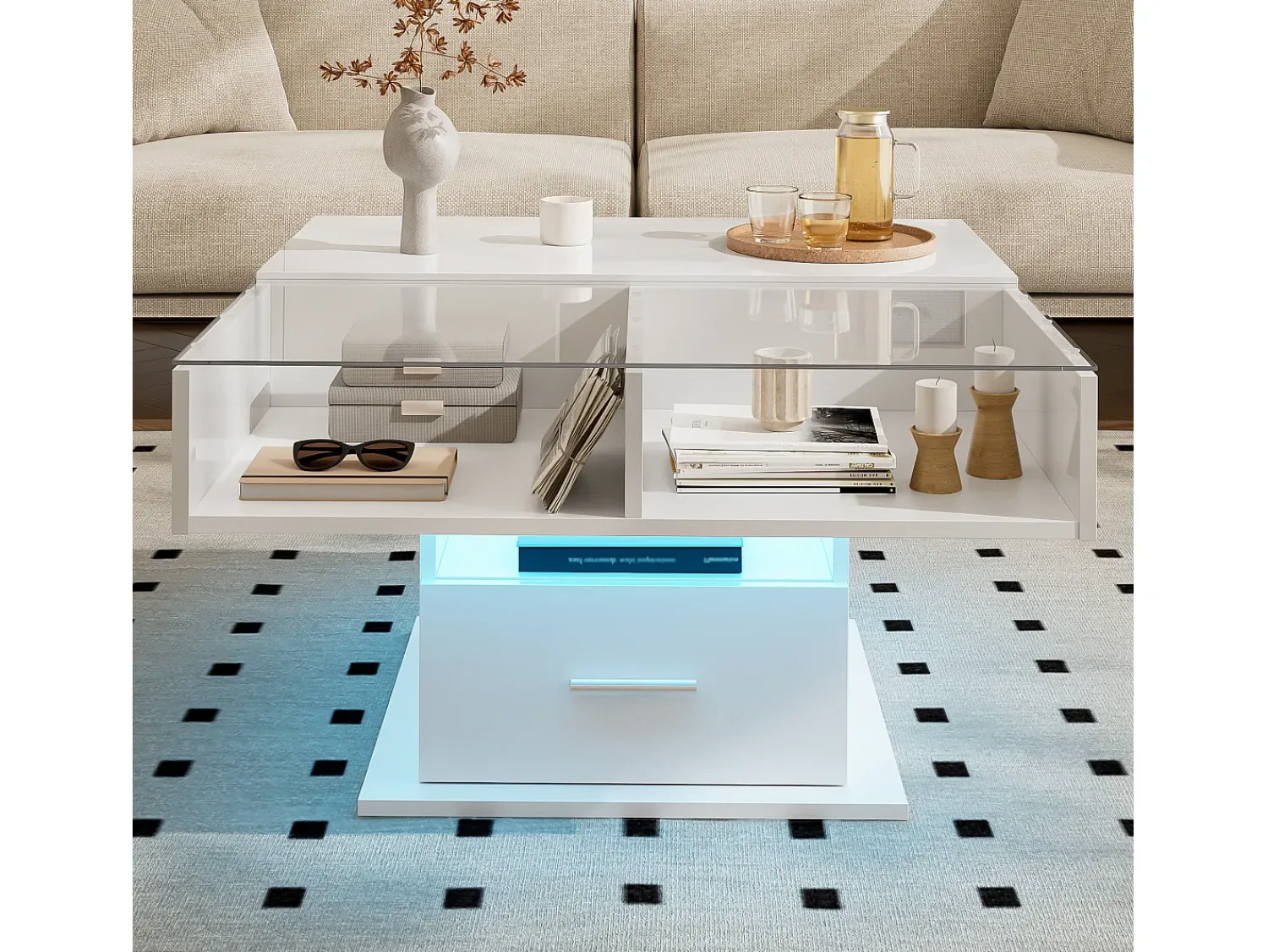 Mesa De Centro* Mesa de centro multifuncional com acabamento laqueado brilhante, iluminação LED, altura ajustável e espaço de armazenamento flexível, branca. Branco