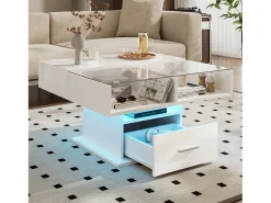 Mesa De Centro* Mesa de centro multifuncional com acabamento laqueado brilhante, iluminação LED, altura ajustável e espaço de armazenamento flexível, branca. Branco