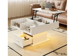 Mesa De Centro* Mesa de centro multifuncional com acabamento laqueado brilhante, iluminação LED, altura ajustável e espaço de armazenamento flexível, branca. Branco