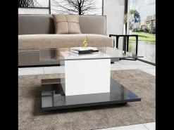 Discount Merax Mesa de centro móvel com rodízios giratórios - 80 x 80 x 40 cm - Vidro e aglomerado - LEDs - e preto Branco