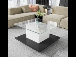 Discount Merax Mesa de centro móvel com rodízios giratórios - 80 x 80 x 40 cm - Vidro e aglomerado - LEDs - e preto Branco