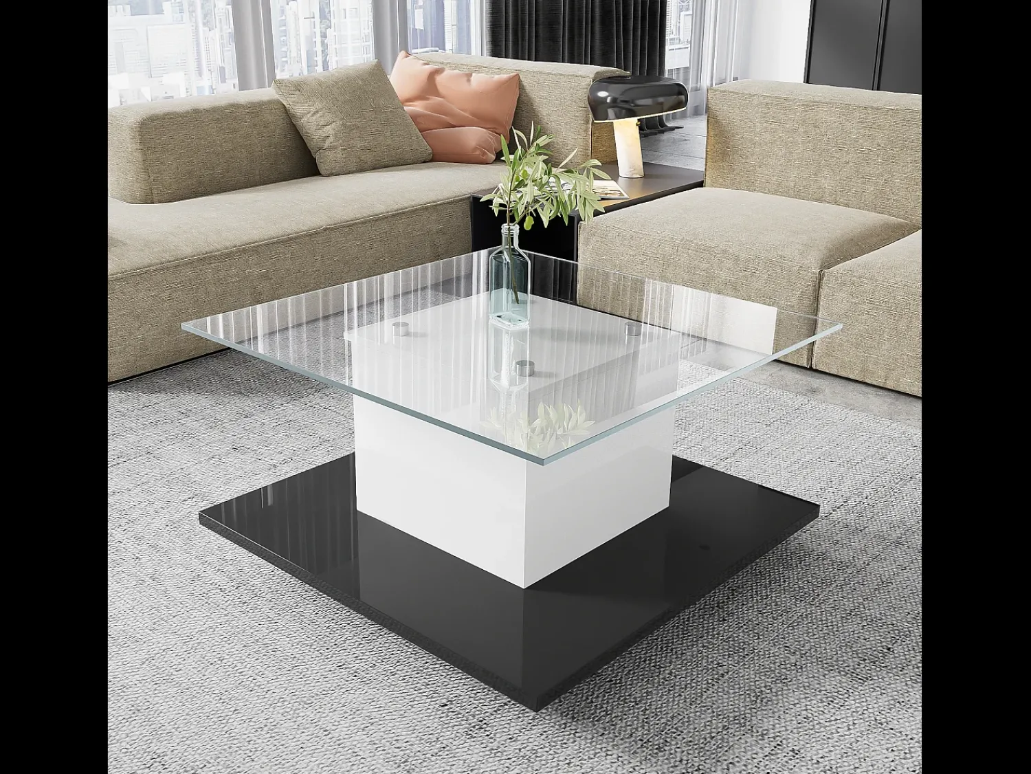 Discount Merax Mesa de centro móvel com rodízios giratórios - 80 x 80 x 40 cm - Vidro e aglomerado - LEDs - e preto Branco
