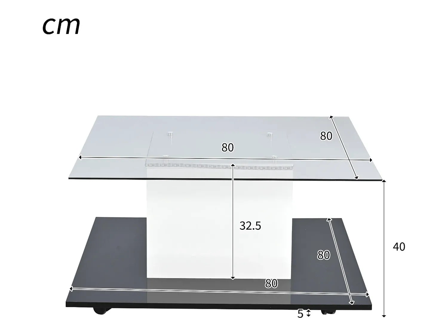 Discount Merax Mesa de centro móvel com rodízios giratórios - 80 x 80 x 40 cm - Vidro e aglomerado - LEDs - e preto Branco