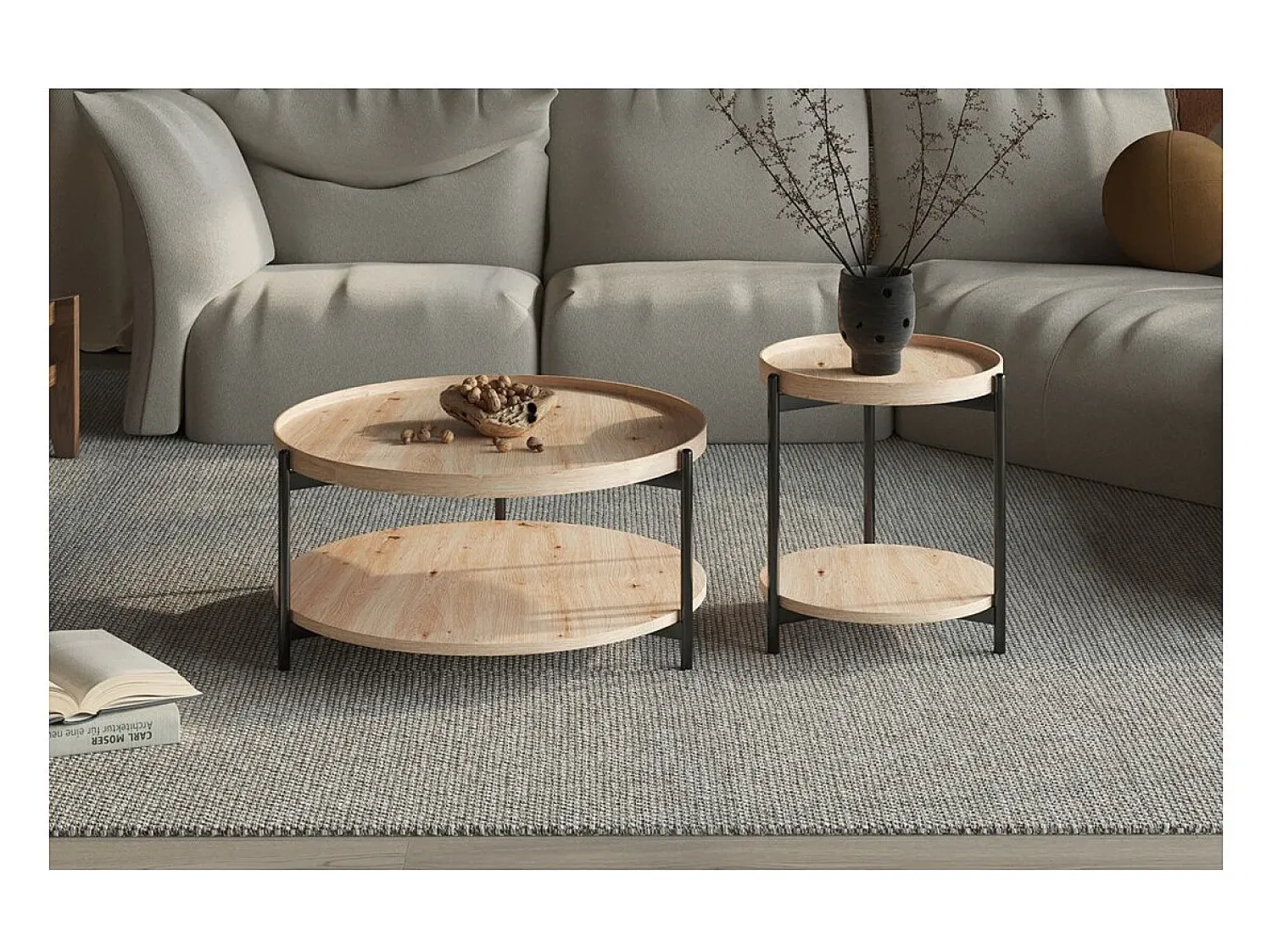 Mesa De Centro|Meublorama Mesa de centro NORWYN – Cor carvalho envelhecido – Mesa de centro redonda Ø45 cm – MDF – Design compacto e original Castanho