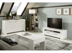 Mesa De Centro|Dmora Mesa de centro Oceanside, Mesa de centro com tampo elevatório, Mesa baixa de sala, 100x50h45/56 cm, brilhante Branco