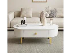 Clearance Hauss Spole Mesa de centro oval 108x50x40 com 2 gavetas, estrutura branca com puxadores e pés em metal dourado. Branco