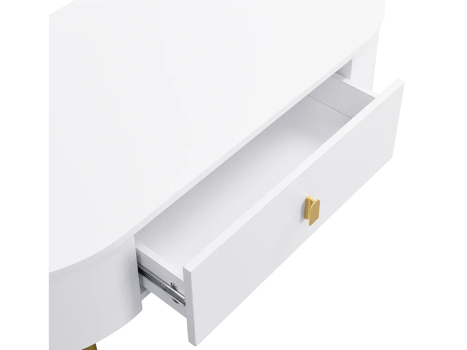 Clearance Hauss Spole Mesa de centro oval 108x50x40 com 2 gavetas, estrutura branca com puxadores e pés em metal dourado. Branco