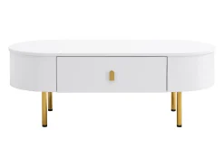 Clearance Hauss Spole Mesa de centro oval 108x50x40 com 2 gavetas, estrutura branca com puxadores e pés em metal dourado. Branco