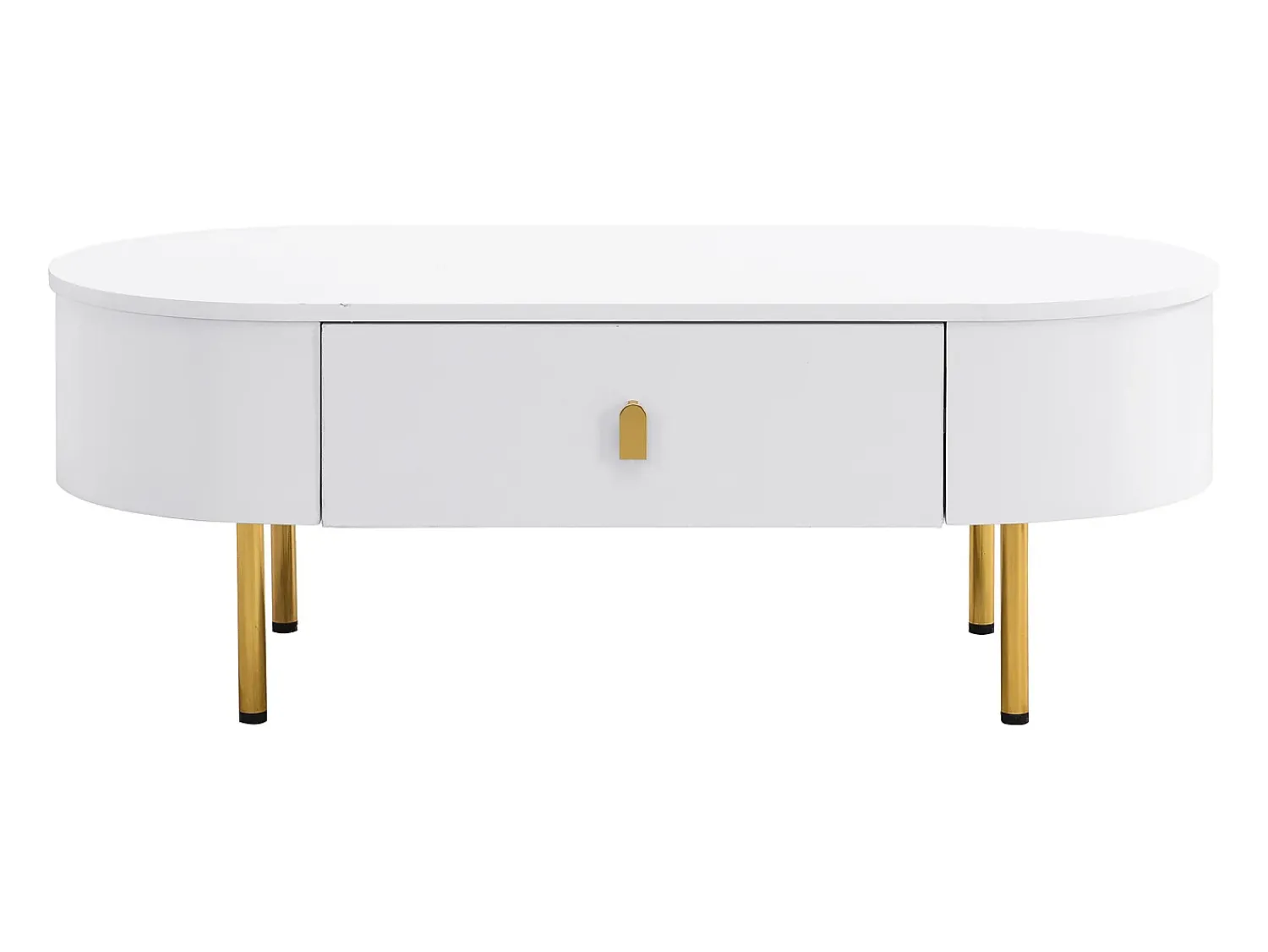 Clearance Hauss Spole Mesa de centro oval 108x50x40 com 2 gavetas, estrutura branca com puxadores e pés em metal dourado. Branco