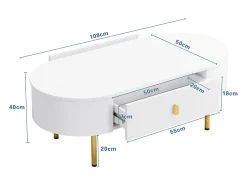 Clearance Hauss Spole Mesa de centro oval 108x50x40 com 2 gavetas, estrutura branca com puxadores e pés em metal dourado. Branco