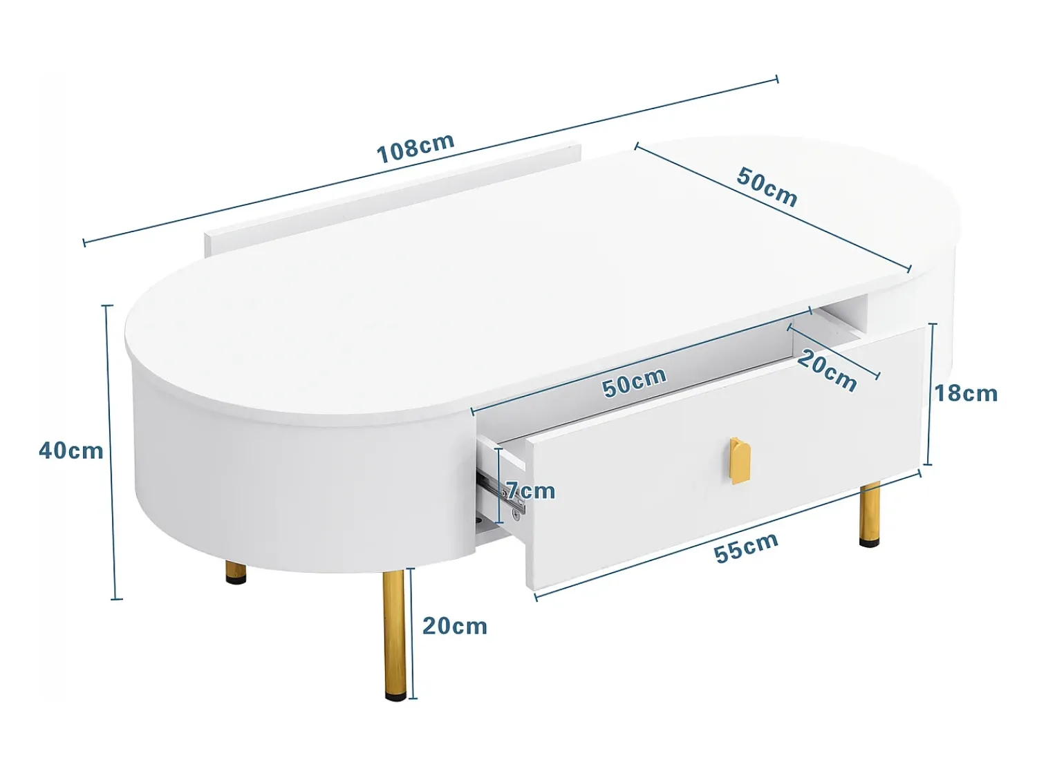 Clearance Hauss Spole Mesa de centro oval 108x50x40 com 2 gavetas, estrutura branca com puxadores e pés em metal dourado. Branco