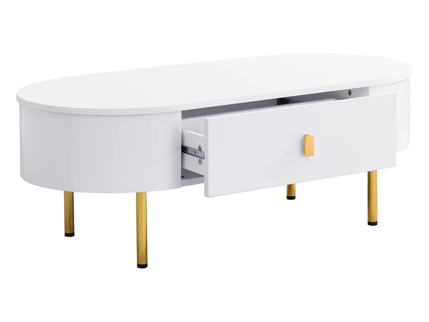 Clearance Hauss Spole Mesa de centro oval 108x50x40 com 2 gavetas, estrutura branca com puxadores e pés em metal dourado. Branco