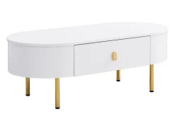 Clearance Hauss Spole Mesa de centro oval 108x50x40 com 2 gavetas, estrutura branca com puxadores e pés em metal dourado. Branco