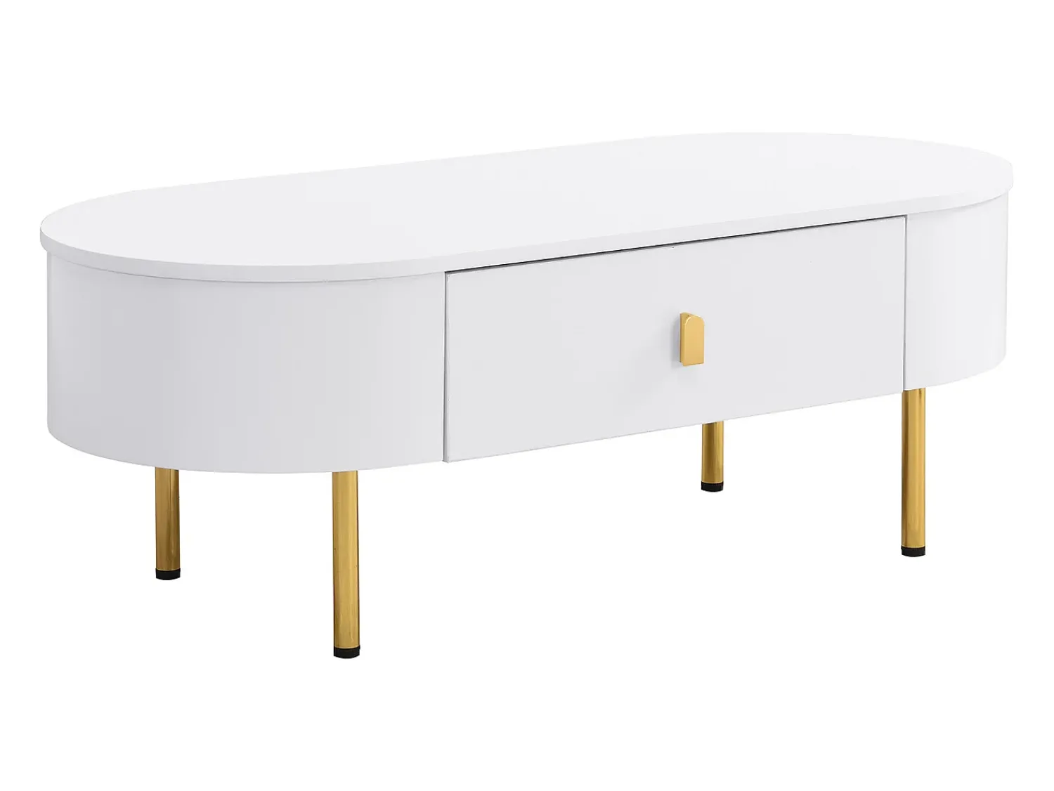 Clearance Hauss Spole Mesa de centro oval 108x50x40 com 2 gavetas, estrutura branca com puxadores e pés em metal dourado. Branco
