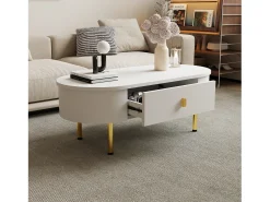 Clearance Hauss Spole Mesa de centro oval 108x50x40 com 2 gavetas, estrutura branca com puxadores e pés em metal dourado. Branco