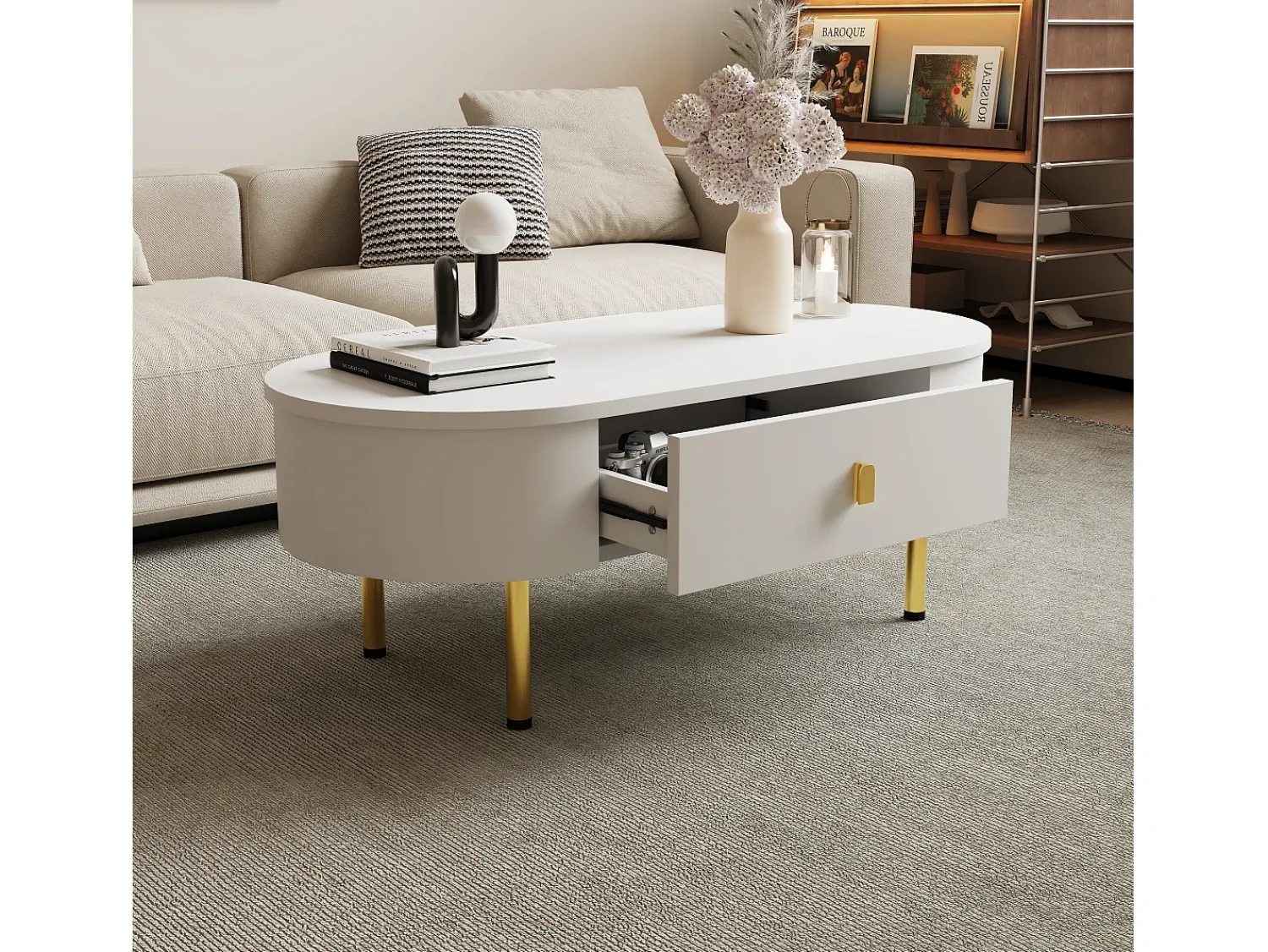 Clearance Hauss Spole Mesa de centro oval 108x50x40 com 2 gavetas, estrutura branca com puxadores e pés em metal dourado. Branco