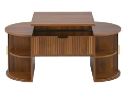 Mesa De Centro*ModernLuxe Mesa de centro ovalada ajustável em altura 100x50x40,5 cm - Prateleiras abertas e armazenamento oculto - 2 portas de correr - MDF - Marrom Castanho