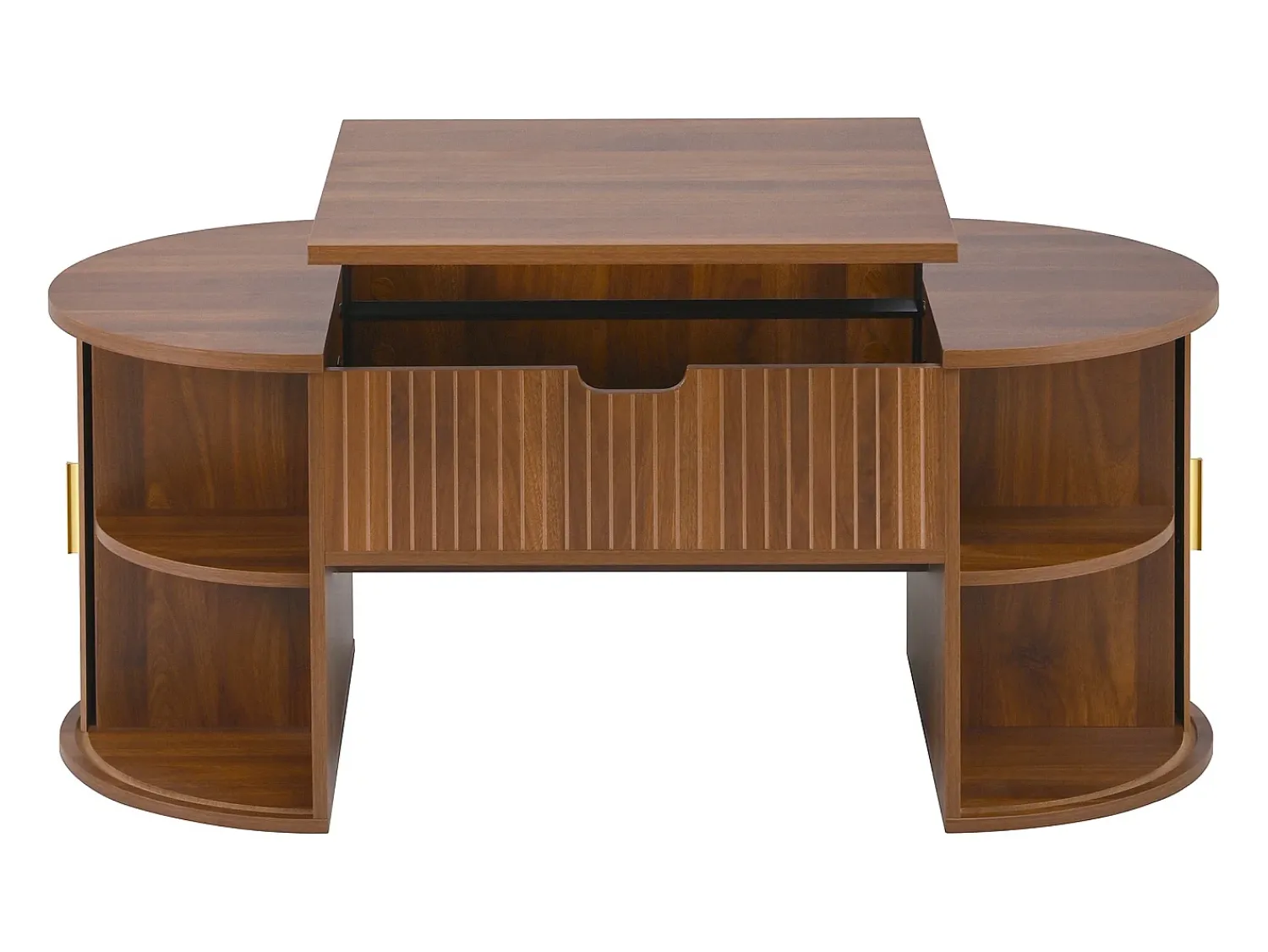 Mesa De Centro*ModernLuxe Mesa de centro ovalada ajustável em altura 100x50x40,5 cm - Prateleiras abertas e armazenamento oculto - 2 portas de correr - MDF - Marrom Castanho