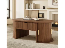 Mesa De Centro*ModernLuxe Mesa de centro ovalada ajustável em altura 100x50x40,5 cm - Prateleiras abertas e armazenamento oculto - 2 portas de correr - MDF - Marrom Castanho